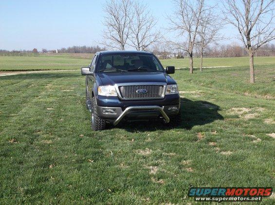 Blue Ford F-150 parked on grass with a bull bar