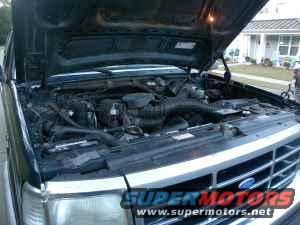 Ford Bronco engine bay with hood open. Super Motors logo visible