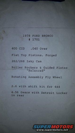 Typed document listing engine specifications for a 1978 Ford Bronco