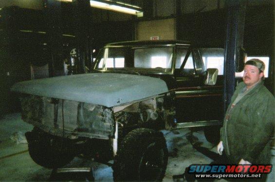 1978 Ford Bronco with hood removed, in a workshop