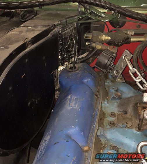 Engine bay with blue valve covers and black fender liner. Wires and hoses are visible