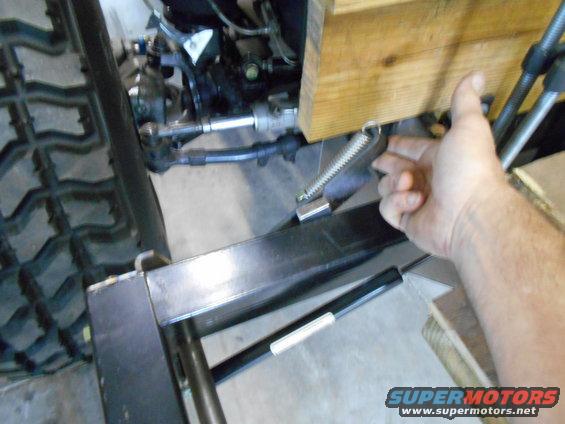 Close-up of vehicle steering linkage and suspension with a hand adjusting a spring