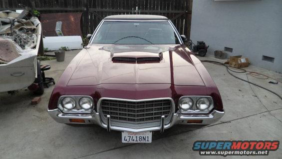 1972 Ford Ranchero front view with aftermarket hood scoop. California license plate 47418N1