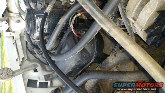 Engine bay with black vacuum canister, hoses, and wiring. Some text visible on canister