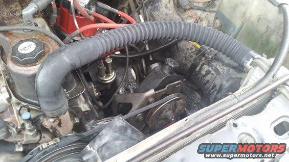 Engine bay showing power steering pump, hoses, and belts
