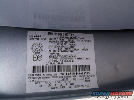 Vehicle identification plate with date 04/04 and VIN 2MEFM75W44X675523