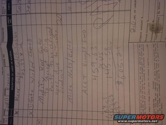 invoice detailing rear gate catch cables, window channel, and misc nuts/bolts for a 1991 Ford Bronco