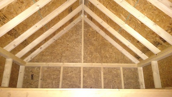 Interior of a wooden structure with exposed rafters and OSB walls