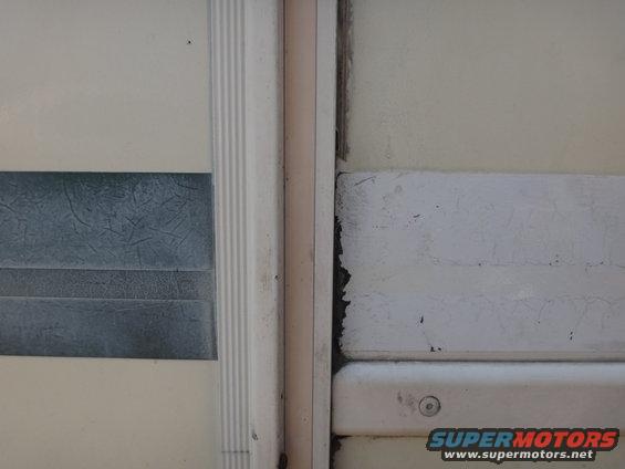 Close-up of a vehicle's interior paneling with a textured gray section and a white section