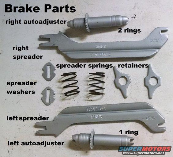 brakehdwr.jpg The autoadjusters are available new, but they're expensive.  The left always has 1 ring cut near its closed end, but the right may have 2 or none.  The screw has L or R embossed in its unthreaded tip.  The unthreaded cap has 3 rings or none, and fits L & R.  There is also a very small, thin washer between that end and the wheel.
Left Adjuster Kit [url=http://www.amazon.com/dp/B000C5FC1A/]MotorCraft BRAK2544A[/url] (plug, cable, guide, pawl, 4-pc autoadjuster)
Right Adjuster Kit [url=http://www.amazon.com/dp/B000C5DC5I/]MotorCraft BRAK2545A[/url]

The other parts shown (and the e-brake levers & piston pushrods) are NOT available new.

Now that these factory-original parts have been thoroughly cleaned & painted with high-temp paint, they're probably better than new.  But I'm not applying brake grease until I'm ready to install them.

[url=http://www.supermotors.net/registry/media/895328_1][img]http://www.supermotors.net/getfile/895328/thumbnail/brakedrum.jpg[/img][/url]