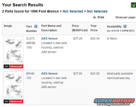 Diagrams of ABS sensors, part numbers 2L373 and BRAB-130, with pricing and availability