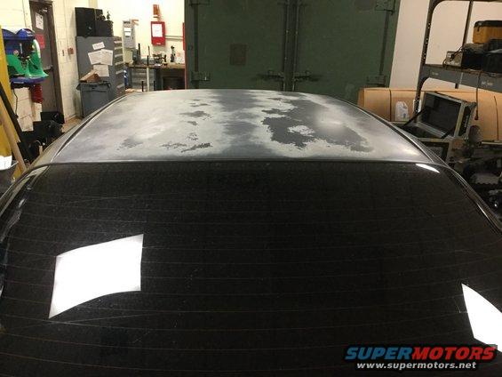 Car roof with peeling paint and defroster lines on rear window