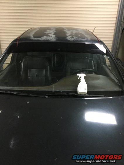 Car interior showing dashboard, steering wheel, and seats. Spray bottle on dashboard