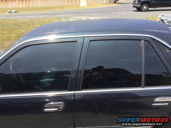 Side view of dark sedan with tinted windows and chrome door handle