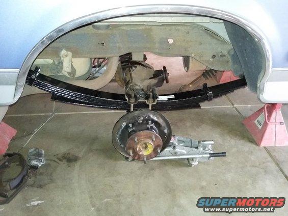1996 Ford Bronco rear suspension with leaf springs and brake drum removed