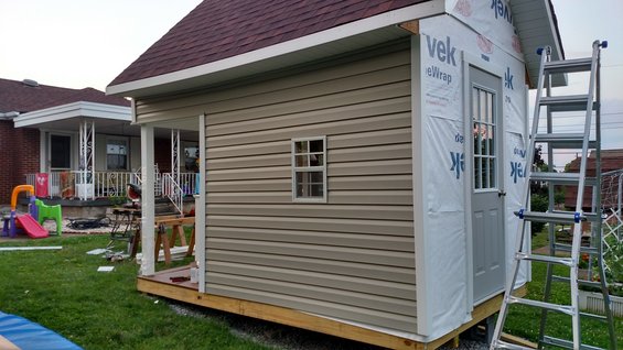 Shed under construction with siding installed and a door and window. Ladder leans against the side. A house and yard are visible in the background