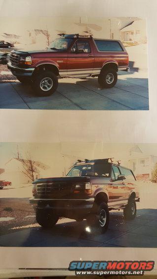 Red 1996 Ford Bronco, 3/4 front view, lifted with roof rack