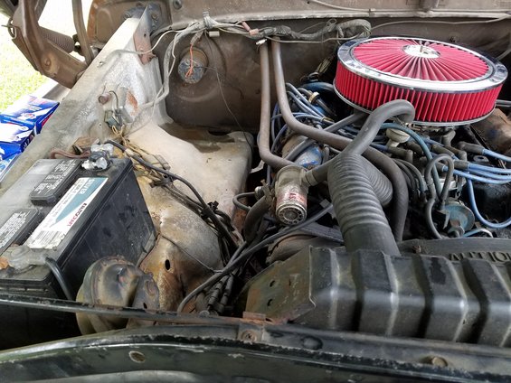 Engine bay with red air filter and battery