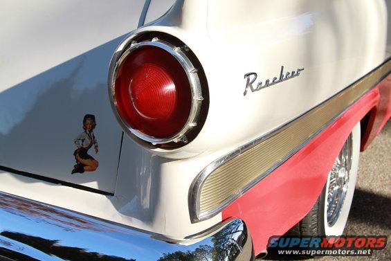 1958 Ford Ranchero rear quarter with pin-up sticker and chrome bumper