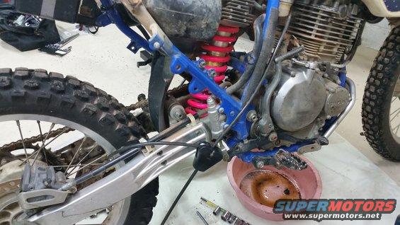 Motorcycle side view, pink rear shock, Suzuki engine case