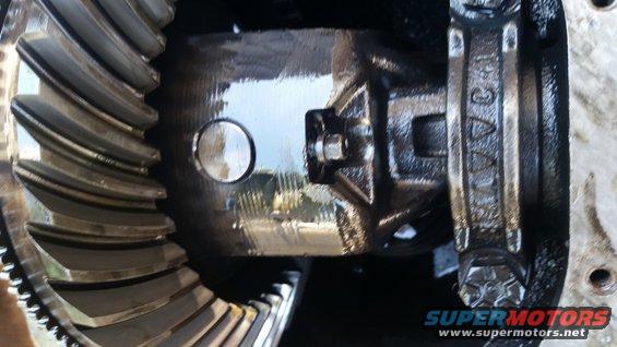 Close-up of differential gears and housing with oil