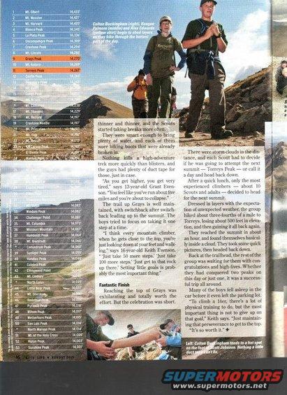 Magazine page with a list of peaks and article about mountain climbing with photos of hikers