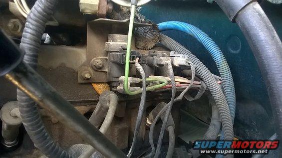 Engine wiring harness with blue and green wires, connectors, and corrugated tubing