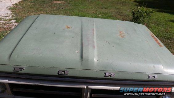 Green Ford truck hood with rust spots and dents, showing individual letter badging