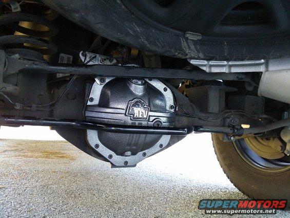 underneath shot of a vehicle's rear differential with an AEV cover installed