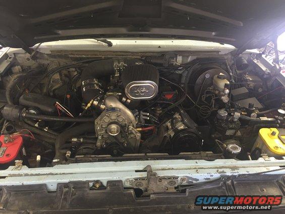 Engine bay with K&N air filter and supercharger