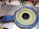 1968 Mercury Cougar - This is a blue air cleaner assembly with a yellow filter element and a black hose attachment.