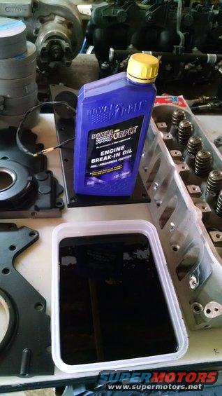 Bottle of Royal Purple Engine Break-In Oil next to a container of dark fluid and engine components