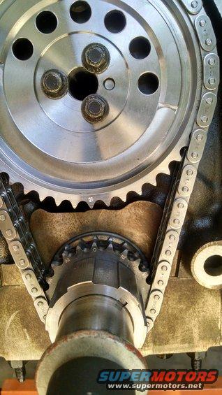 Close-up of engine timing chain and sprockets, showing metal gears and a roller chain