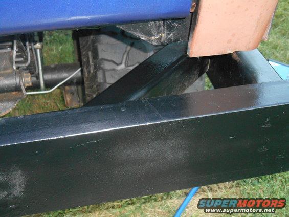 Blue vehicle body panel above black frame and suspension parts, with a tire visible