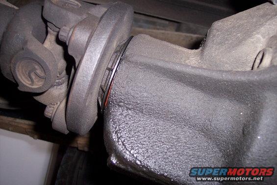 Close-up of a vehicle's driveshaft U-joint connected to a differential housing