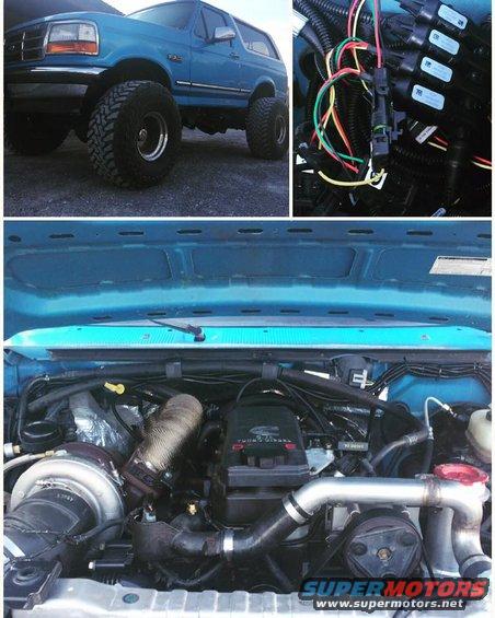 1995 Ford Bronco with a Cummins turbo diesel engine swap, showing the engine bay and wiring