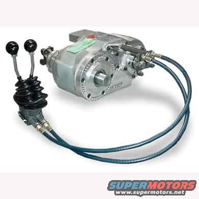 Transfer case with two black-handled shifters and blue hoses