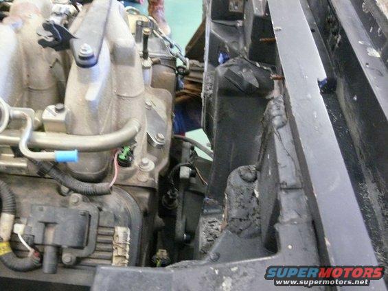Vehicle engine bay with intake manifold, hoses, and wires.