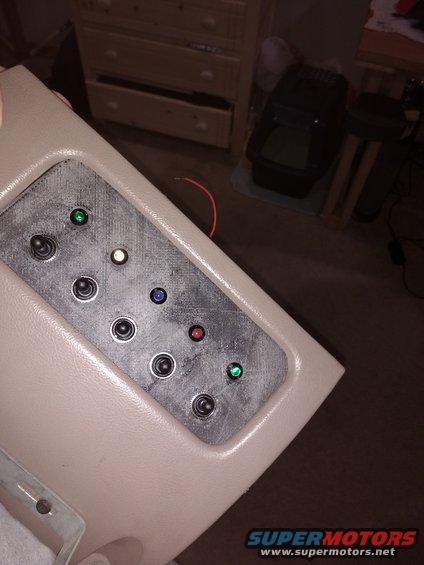 Here is the switch board in position, but not glued yet. The LED diode pigtails and switches are both from Del City.