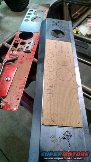 Two dashboard panels, one red with gauge cutouts, one metal with cardboard template