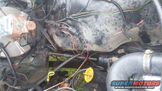 Engine bay with lots of wires and hoses, some rusty metal parts