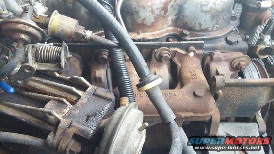 Close-up of engine components including hoses, manifold, and carburetor