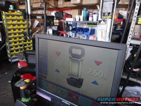 Wheel balancing machine screen showing 1.50 oz and 2.50 oz readings