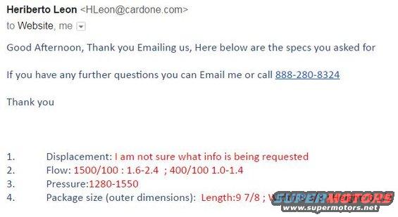 Email with technical specifications including displacement, flow, pressure, and package size