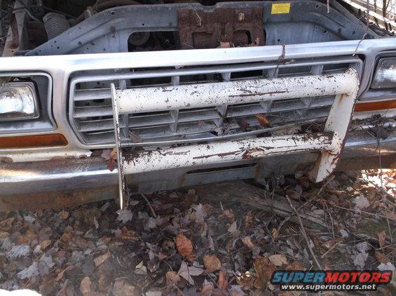 Front of an old pickup truck with a white brush guard over the grille. It's sitting in a pile of leaves
