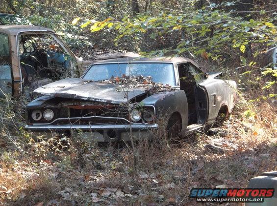 Old muscle car sitting in the woods, leaves on hood, driver door open. Another car is partially visible on the left