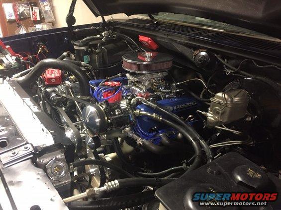 Engine bay with blue Ford Racing valve covers, chrome air cleaner, and aftermarket distributor