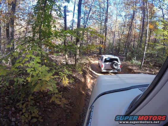 White 1979 Ford Bronco on forest trail, rear view with spare tire