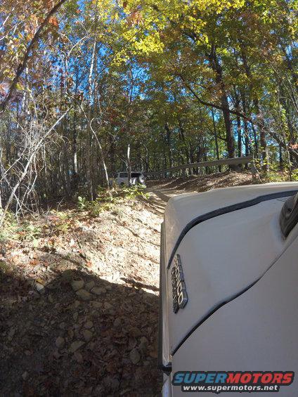 White 1979 Ford Bronco on forest road, badge visible