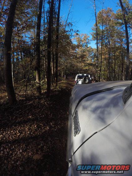 Two SUVs driving on a dirt road in a forest with fall foliage
